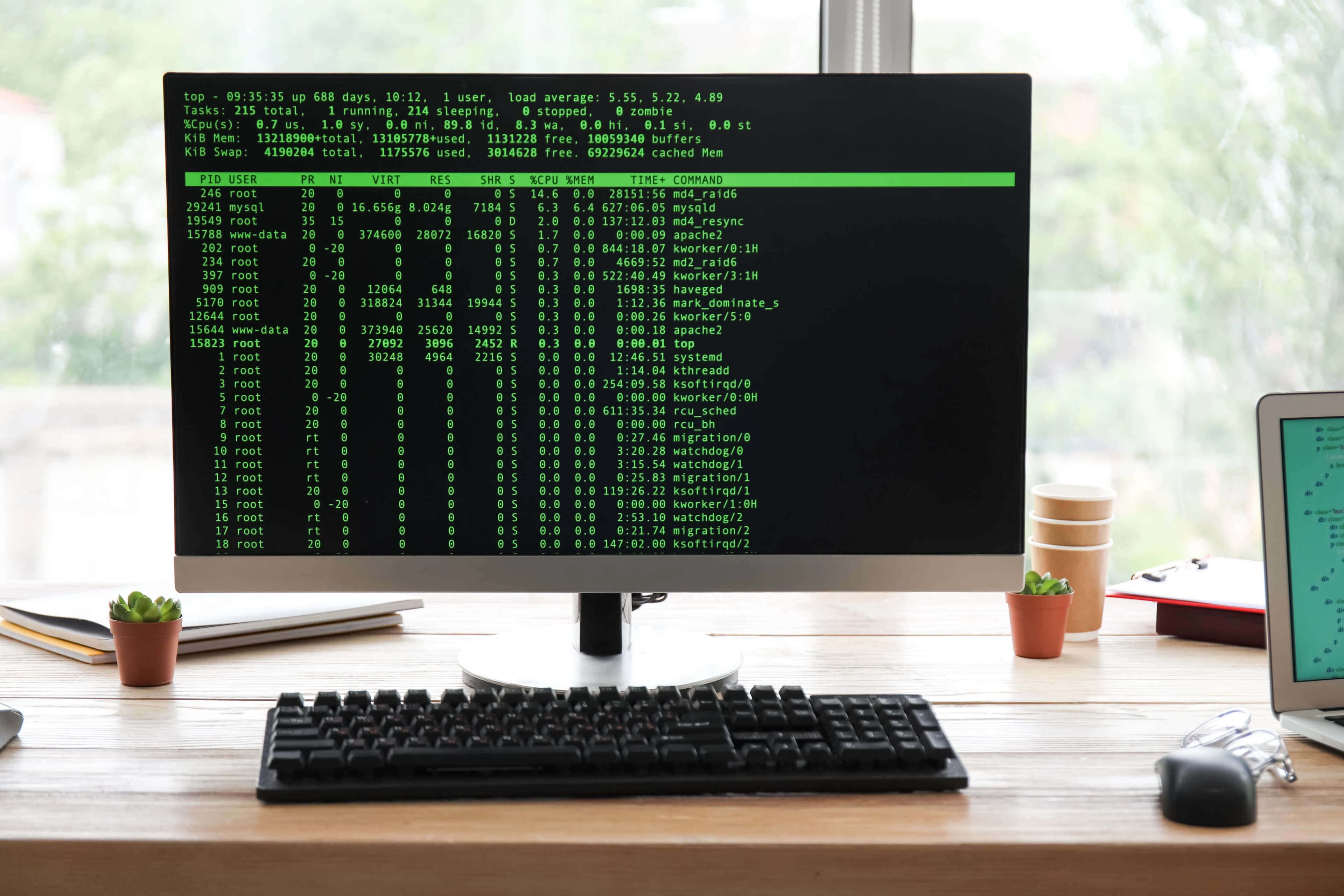 Programcı masasında komut satırı arayüzü açık bir monitör, yakın çekim