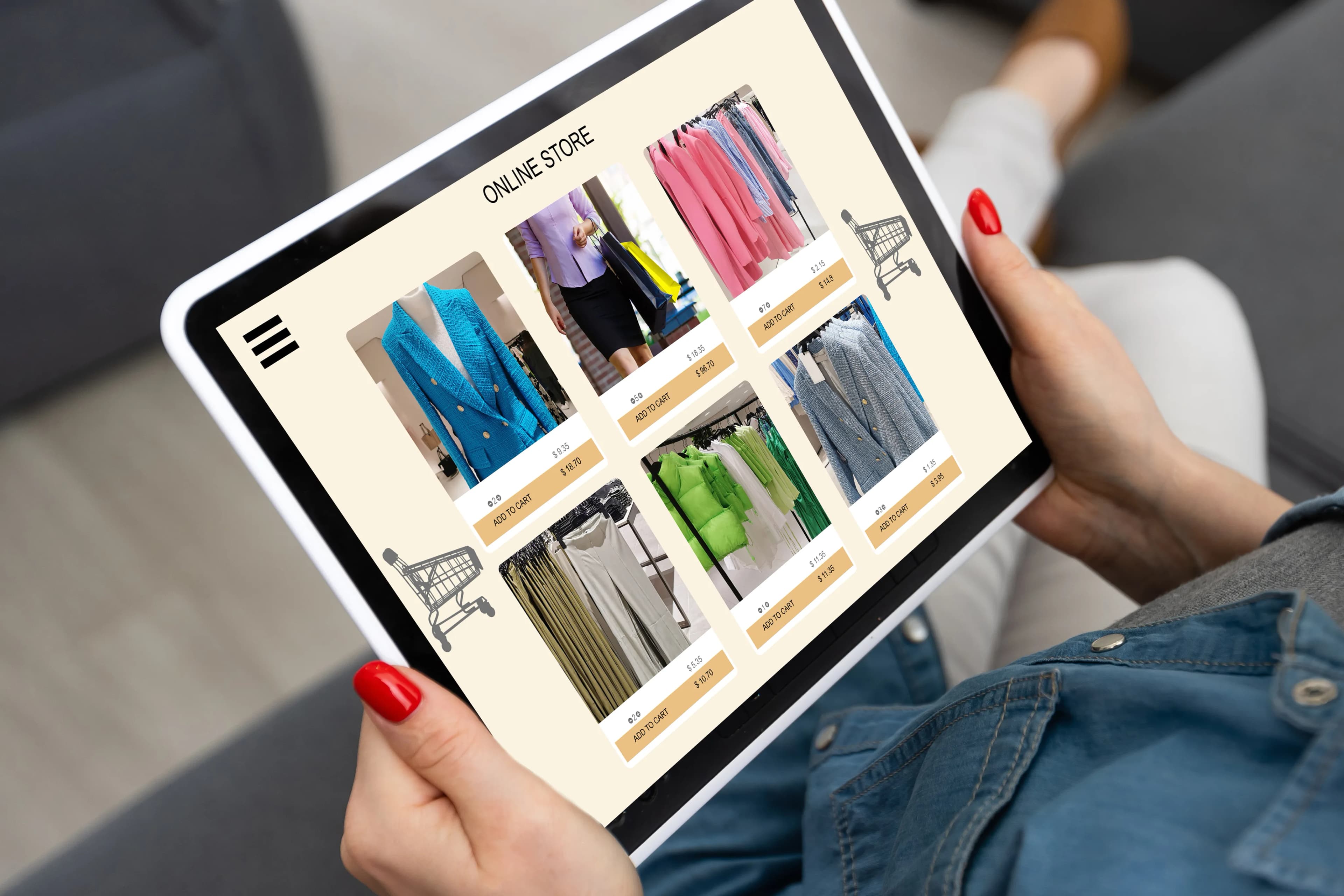 Rear view of a woman browsing an online store page on a tablet