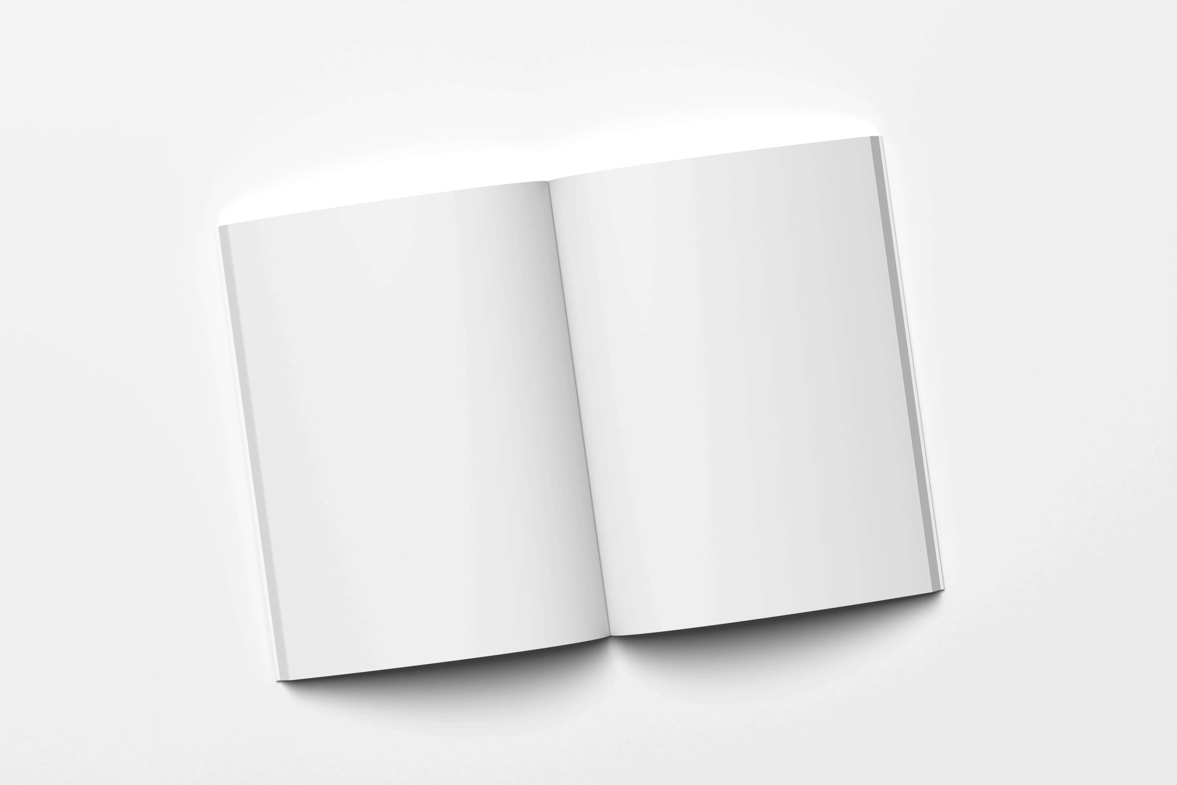 Top view of an open blank A4 booklet on a grey background