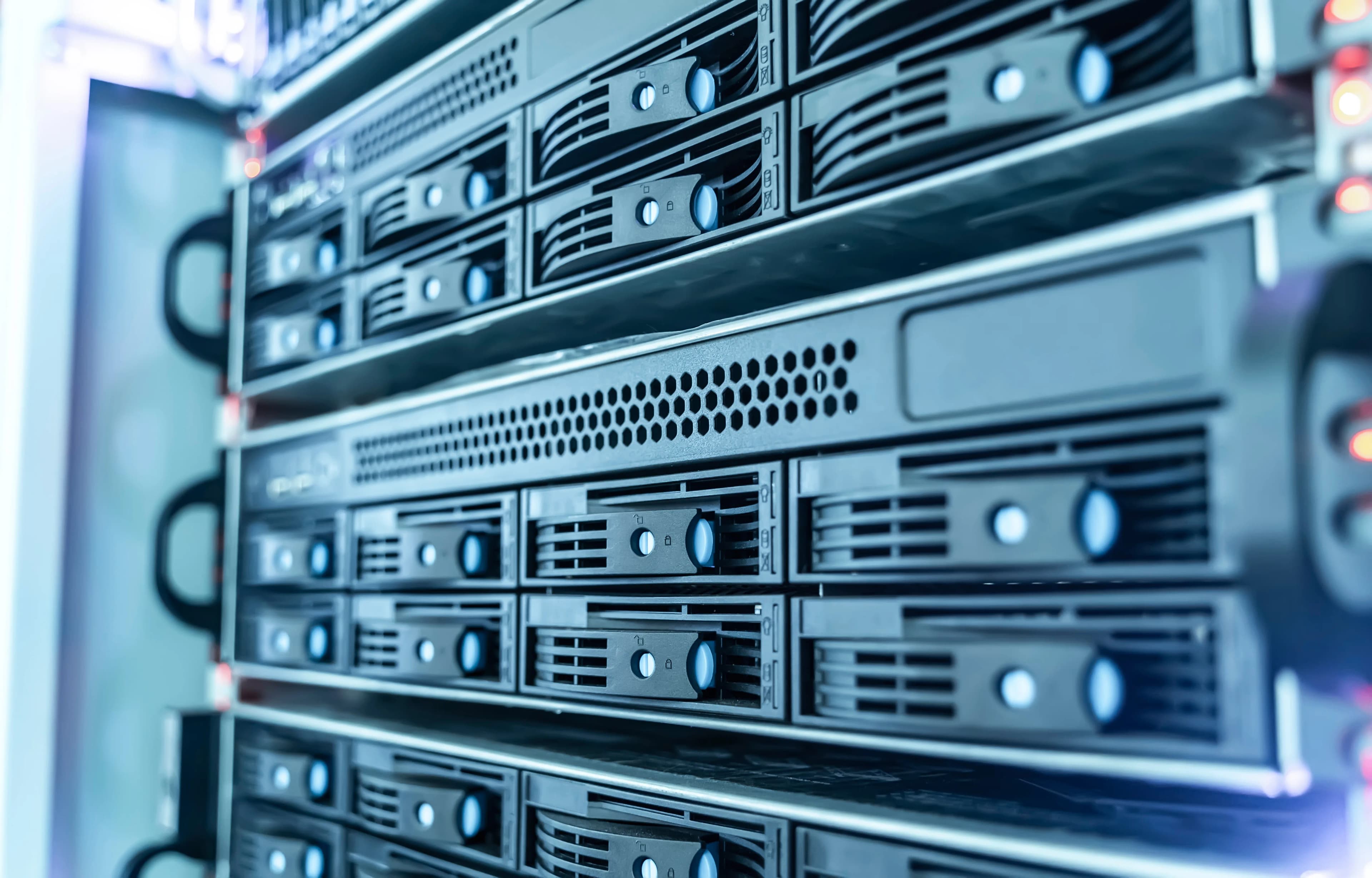 Close-up of a modern server panel in a data centre rack