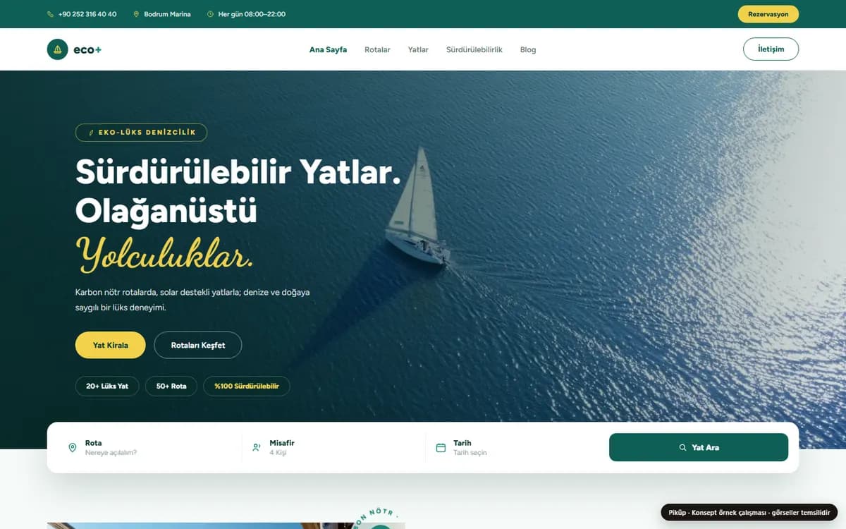 Yat kiralama ve tur örneği — Rota, tekne ve rezervasyon odaklı sunum