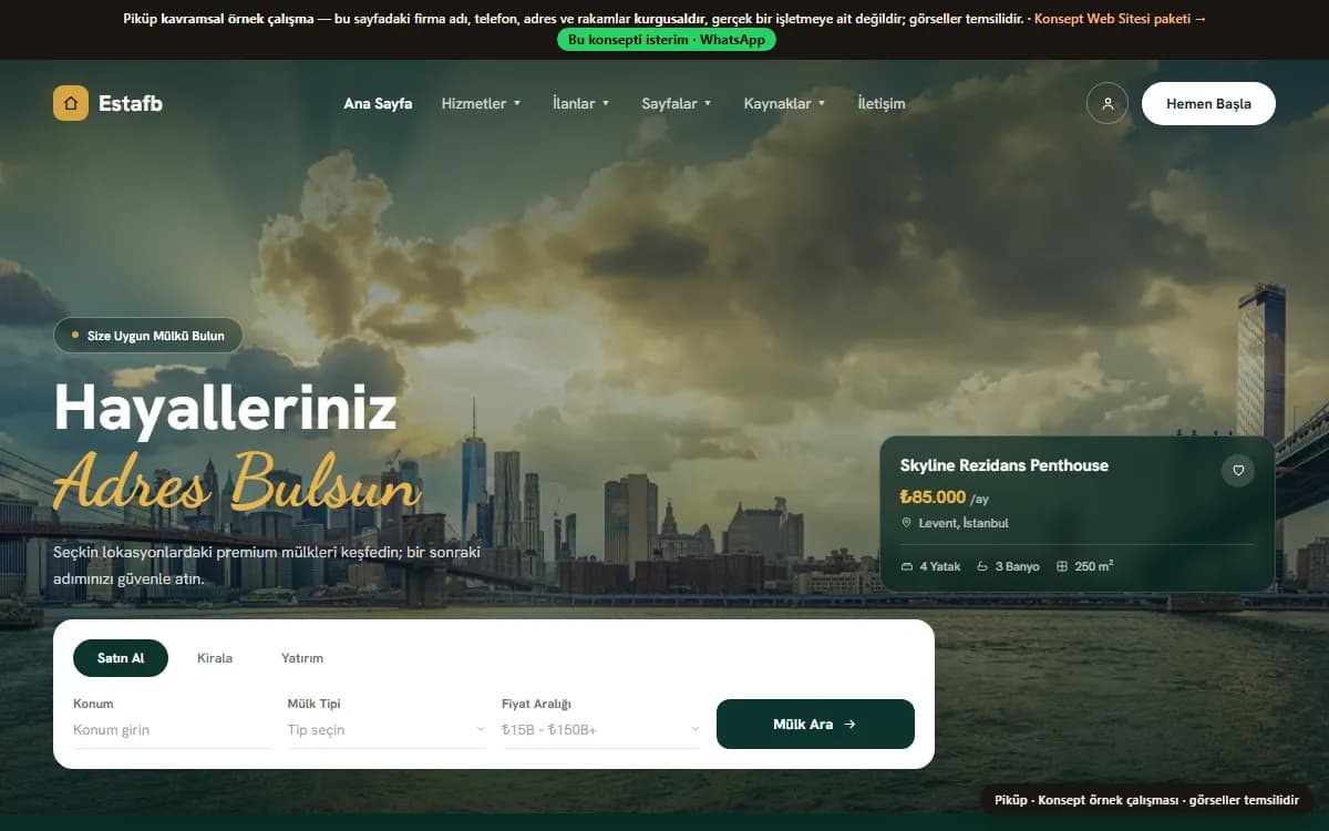 Emlak Web Sitesi — konsept örnek ekran görüntüsü