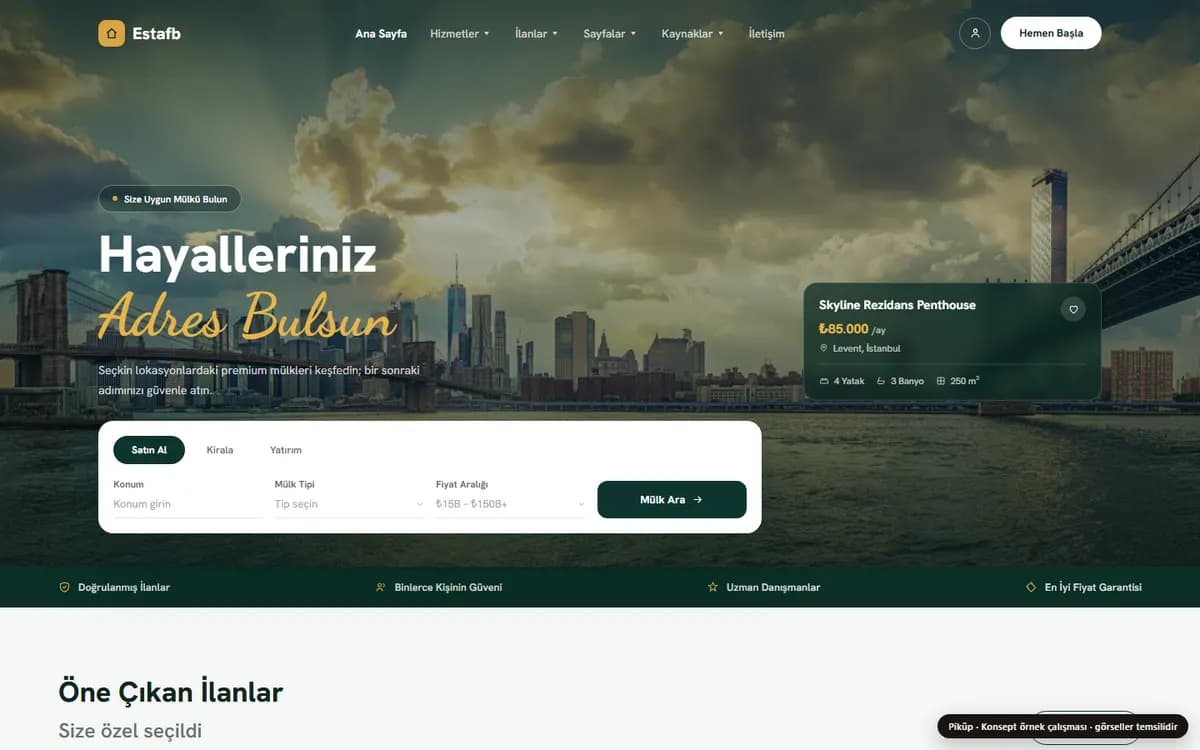 Emlak ofisi örneği — Piküp konsept çalışması ekran görüntüsü