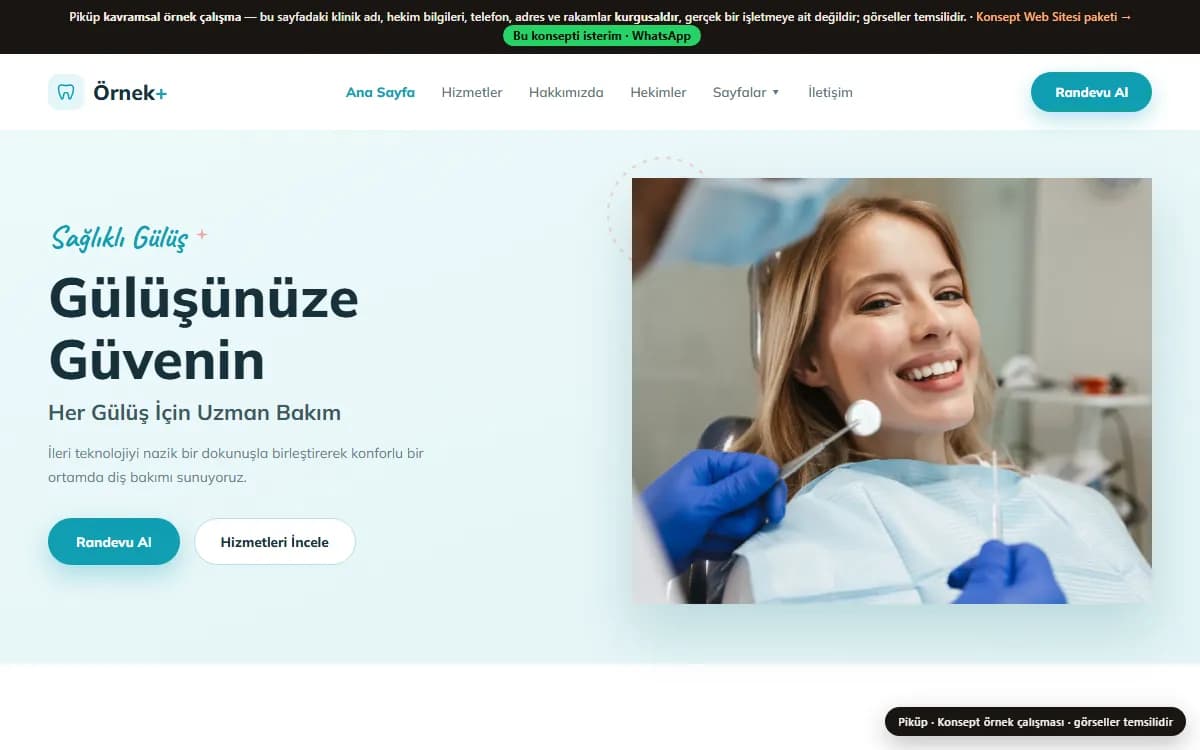 Diş ve ağız sağlığı kliniği örneği — Hizmet listesi, hekim kadrosu ve randevu talebi