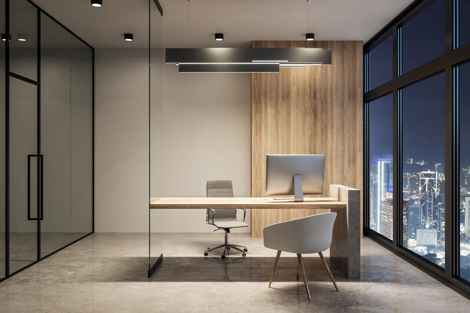 Şehir manzaralı, sade ve modern hukuk bürosu odası